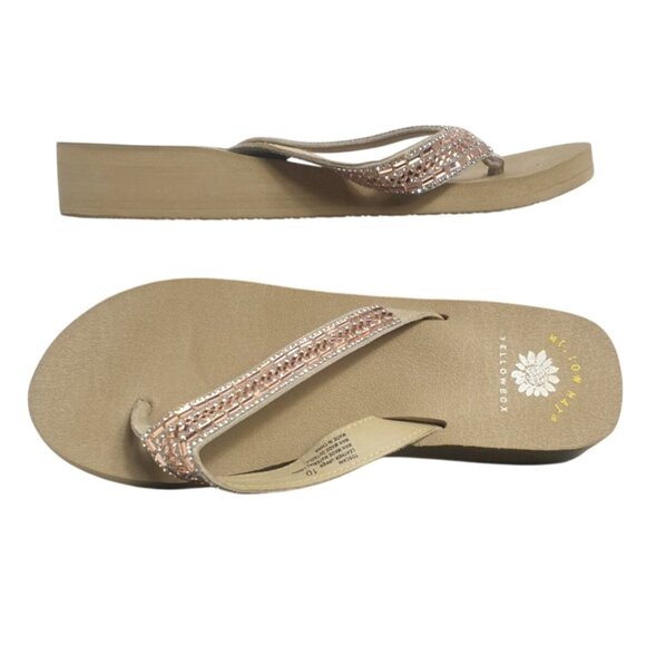 Yellow Box Womens Toscani Leather Sandals 10 Beige Wedge Embellished Flip Flops - Picture 4 of 6